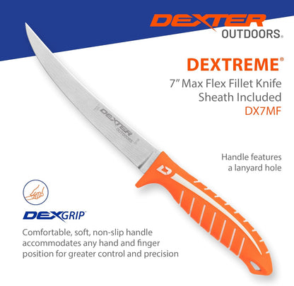 Dextreme Dual Edge 8" Flexible Fillet Knife, Sheath | Flexible dual edge high-carbon stainless blade glides along bones. Protective sheath included for boat and kitchen use.
