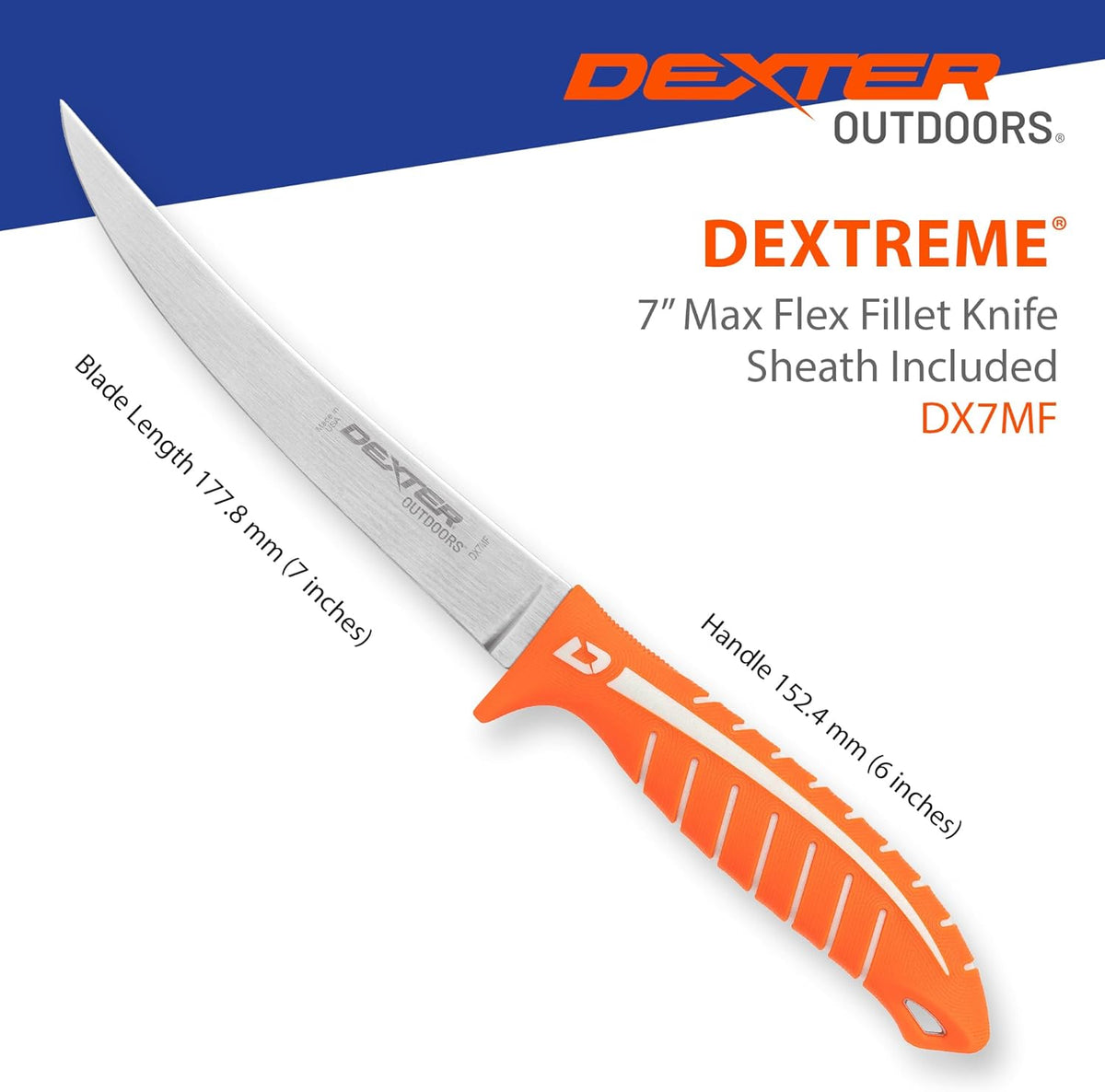Dextreme Dual Edge 8" Flexible Fillet Knife, Sheath | Flexible dual edge high-carbon stainless blade glides along bones. Protective sheath included for boat and kitchen use.