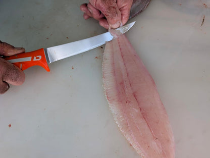 Dextreme Dual Edge 8" Flexible Fillet Knife, Sheath | Flexible dual edge high-carbon stainless blade glides along bones. Protective sheath included for boat and kitchen use.