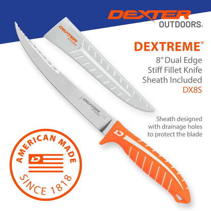 Dextreme Dual Edge 8" Flexible Fillet Knife, Sheath | Flexible dual edge high-carbon stainless blade glides along bones. Protective sheath included for boat and kitchen use.