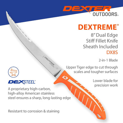 Dextreme Dual Edge 8" Flexible Fillet Knife, Sheath | Flexible dual edge high-carbon stainless blade glides along bones. Protective sheath included for boat and kitchen use.