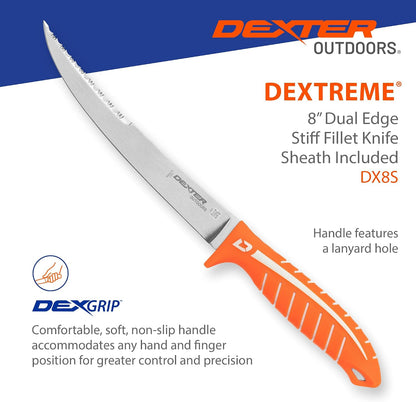Dextreme Dual Edge 8" Flexible Fillet Knife, Sheath | Flexible dual edge high-carbon stainless blade glides along bones. Protective sheath included for boat and kitchen use.