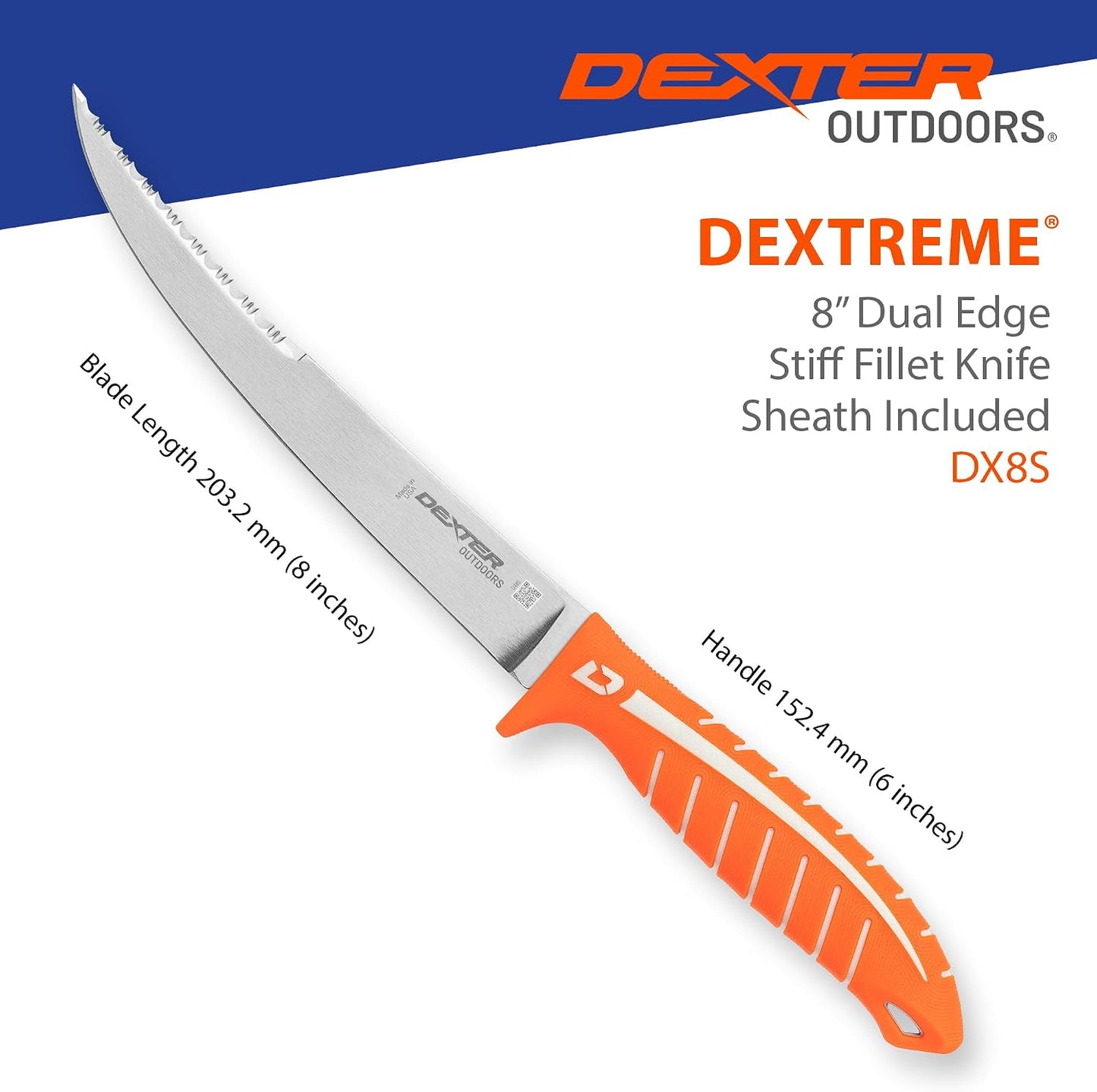 Dextreme Dual Edge 8" Flexible Fillet Knife, Sheath | Flexible dual edge high-carbon stainless blade glides along bones. Protective sheath included for boat and kitchen use.