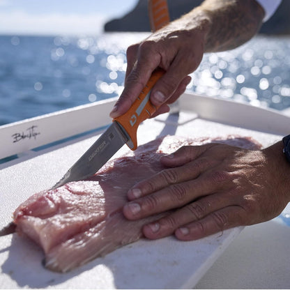 Dextreme Dual Edge 8" Flexible Fillet Knife, Sheath | Flexible dual edge high-carbon stainless blade glides along bones. Protective sheath included for boat and kitchen use.