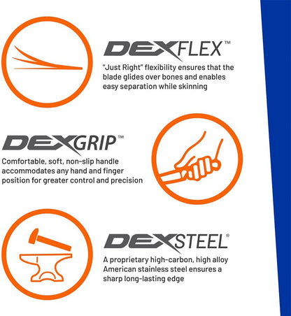 Dextreme Dual Edge 8" Flexible Fillet Knife, Sheath | Flexible dual edge high-carbon stainless blade glides along bones. Protective sheath included for boat and kitchen use.
