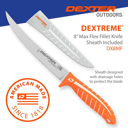 Dextreme Dual Edge 8" Flexible Fillet Knife, Sheath | Flexible dual edge high-carbon stainless blade glides along bones. Protective sheath included for boat and kitchen use.