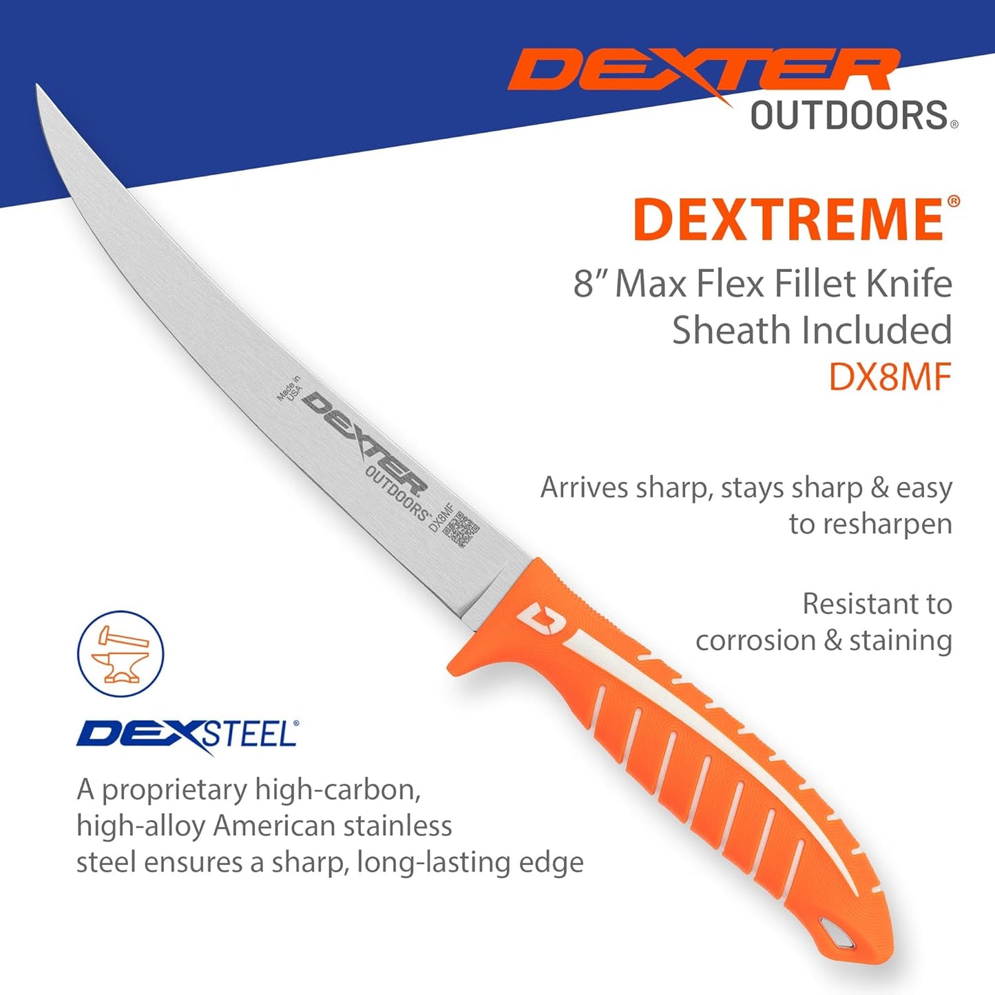 Dextreme Dual Edge 8" Flexible Fillet Knife, Sheath | Flexible dual edge high-carbon stainless blade glides along bones. Protective sheath included for boat and kitchen use.