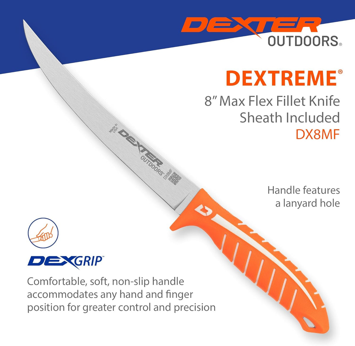Dextreme Dual Edge 8" Flexible Fillet Knife, Sheath | Flexible dual edge high-carbon stainless blade glides along bones. Protective sheath included for boat and kitchen use.
