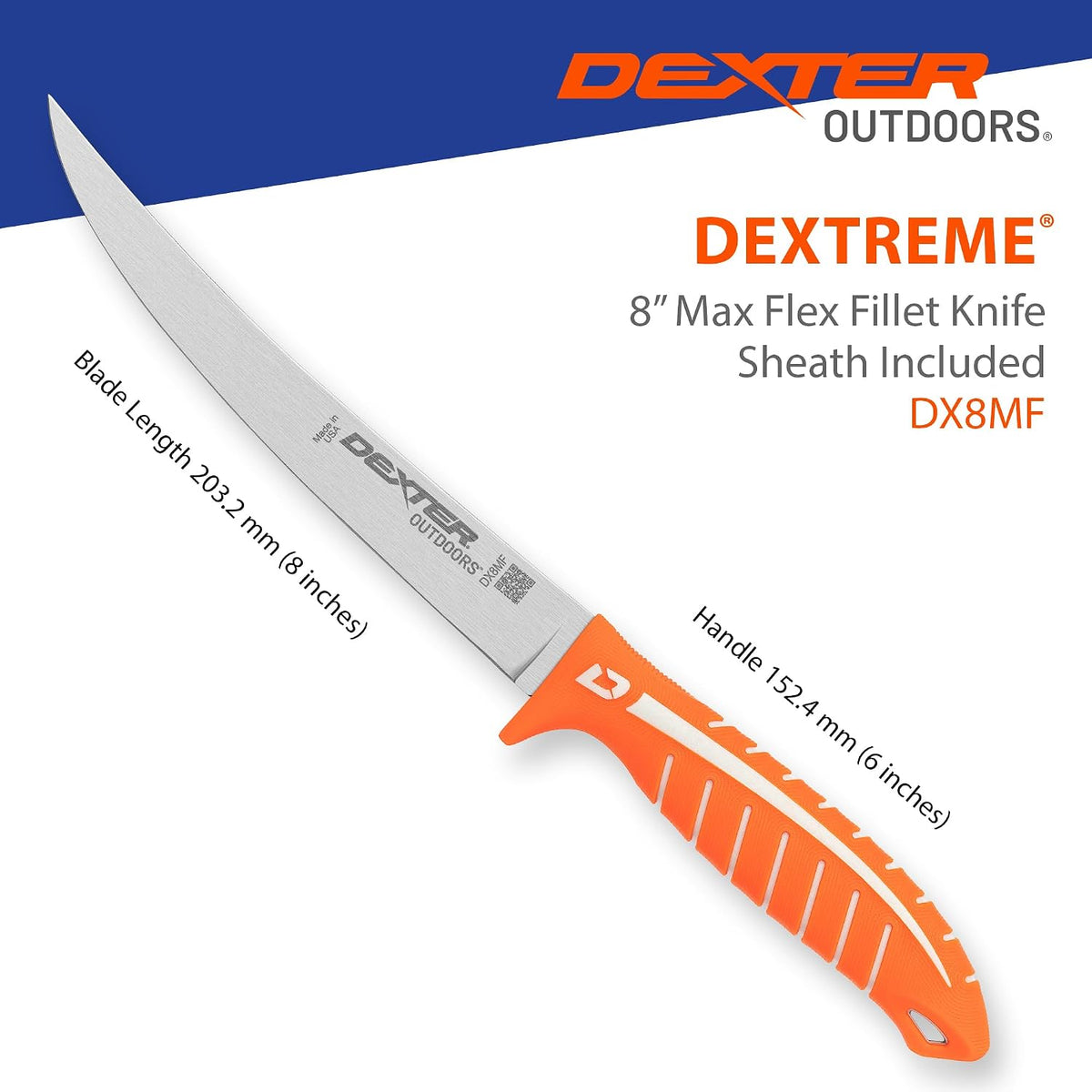 Dextreme Dual Edge 8" Flexible Fillet Knife, Sheath | Flexible dual edge high-carbon stainless blade glides along bones. Protective sheath included for boat and kitchen use.