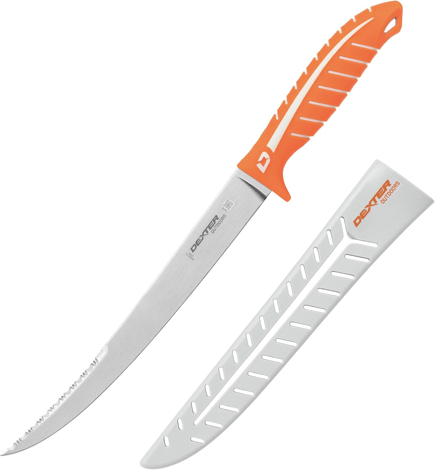 Dextreme Dual Edge 8" Flexible Fillet Knife, Sheath | Flexible dual edge high-carbon stainless blade glides along bones. Protective sheath included for boat and kitchen use.