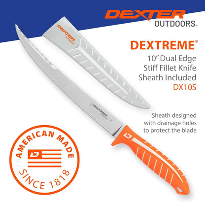 Dextreme Dual Edge 8" Flexible Fillet Knife, Sheath | Flexible dual edge high-carbon stainless blade glides along bones. Protective sheath included for boat and kitchen use.