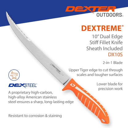 Dextreme Dual Edge 8" Flexible Fillet Knife, Sheath | Flexible dual edge high-carbon stainless blade glides along bones. Protective sheath included for boat and kitchen use.