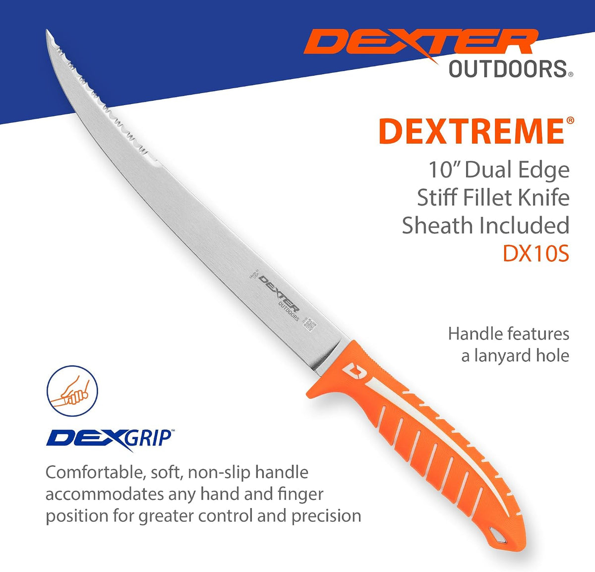Dextreme Dual Edge 8" Flexible Fillet Knife, Sheath | Flexible dual edge high-carbon stainless blade glides along bones. Protective sheath included for boat and kitchen use.