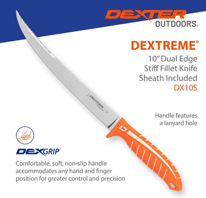 Dextreme Dual Edge 8" Flexible Fillet Knife, Sheath | Flexible dual edge high-carbon stainless blade glides along bones. Protective sheath included for boat and kitchen use.