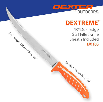 Dextreme Dual Edge 8" Flexible Fillet Knife, Sheath | Flexible dual edge high-carbon stainless blade glides along bones. Protective sheath included for boat and kitchen use.