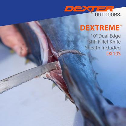 Dextreme Dual Edge 8" Flexible Fillet Knife, Sheath | Flexible dual edge high-carbon stainless blade glides along bones. Protective sheath included for boat and kitchen use.