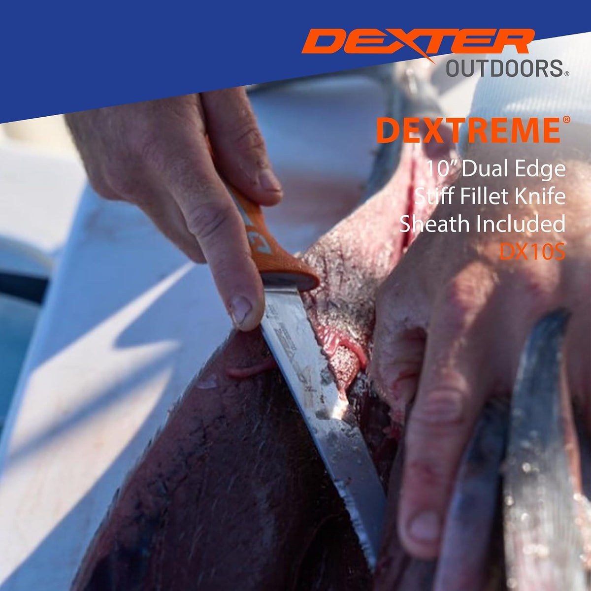 Dextreme Dual Edge 8" Flexible Fillet Knife, Sheath | Flexible dual edge high-carbon stainless blade glides along bones. Protective sheath included for boat and kitchen use.