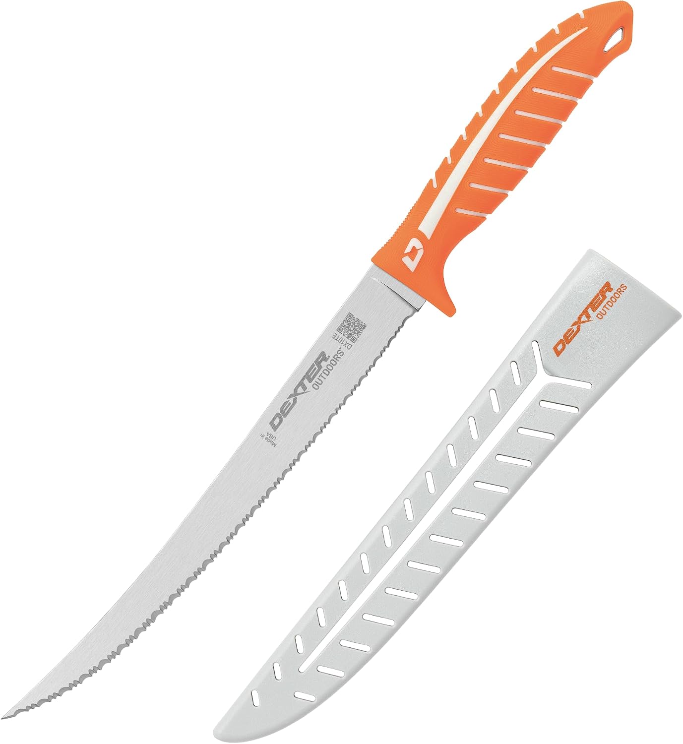 Dextreme Dual Edge 8" Flexible Fillet Knife, Sheath | Flexible dual edge high-carbon stainless blade glides along bones. Protective sheath included for boat and kitchen use.