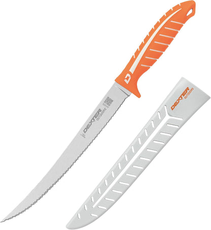 Dextreme Dual Edge 8" Flexible Fillet Knife, Sheath | Flexible dual edge high-carbon stainless blade glides along bones. Protective sheath included for boat and kitchen use.