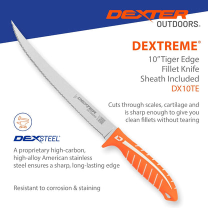 Dextreme Dual Edge 8" Flexible Fillet Knife, Sheath | Flexible dual edge high-carbon stainless blade glides along bones. Protective sheath included for boat and kitchen use.
