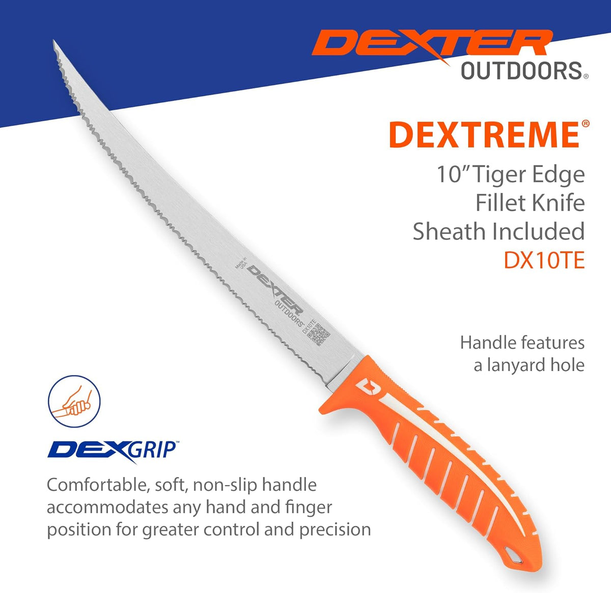 Dextreme Dual Edge 8" Flexible Fillet Knife, Sheath | Flexible dual edge high-carbon stainless blade glides along bones. Protective sheath included for boat and kitchen use.