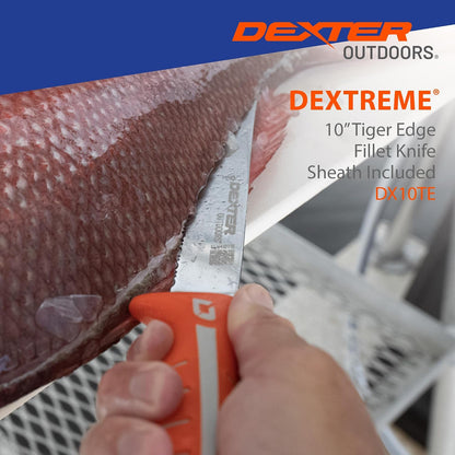 Dextreme Dual Edge 8" Flexible Fillet Knife, Sheath | Flexible dual edge high-carbon stainless blade glides along bones. Protective sheath included for boat and kitchen use.
