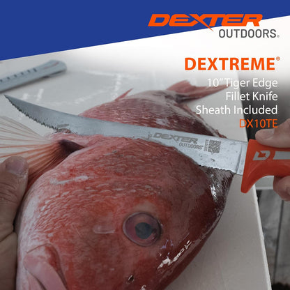 Dextreme Dual Edge 8" Flexible Fillet Knife, Sheath | Flexible dual edge high-carbon stainless blade glides along bones. Protective sheath included for boat and kitchen use.