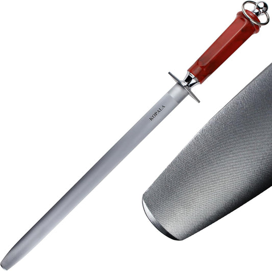 Sharpening Steel Knife Sharpener Rod Flat 12 IN Honing Steel for Knife | Magnetized Super Fine Honing Rod with Gift Box Red Handle