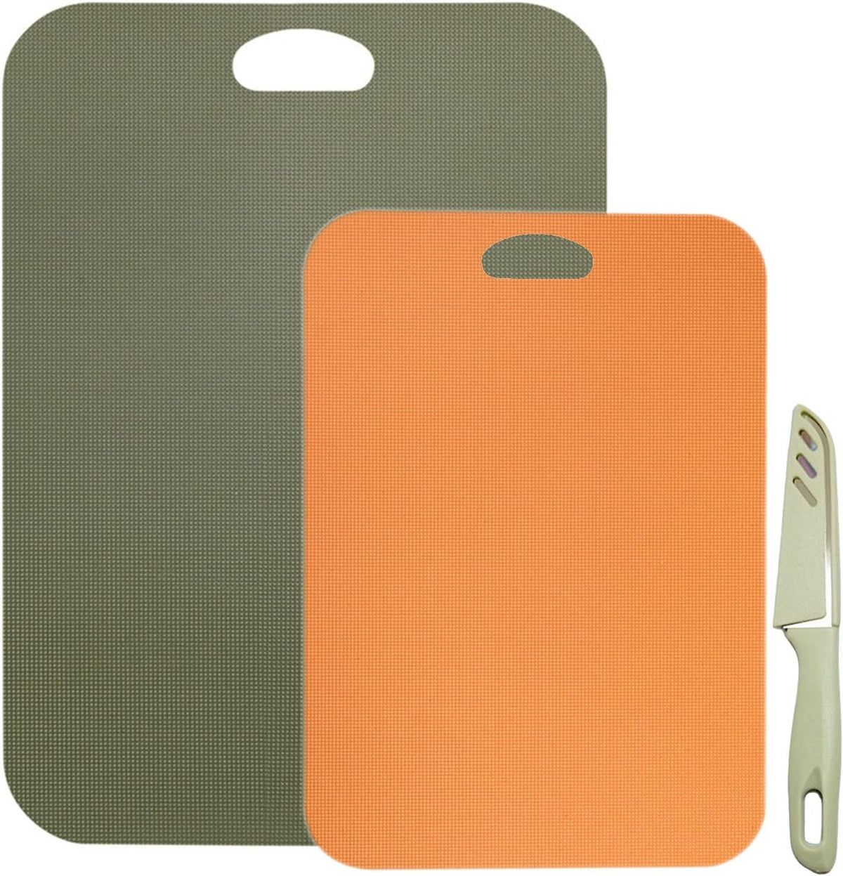 Plastic Cutting Boards Set of 3 for kitchen,Flexible Cutting Mats for Cooking,Non-Slip Cutting Board for Fruit Meat and Vegatables, BPA-Free and Dishwasher Safe with knife (14 in Green/Orange)