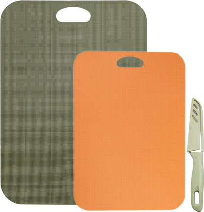 Plastic Cutting Boards Set of 3 for kitchen,Flexible Cutting Mats for Cooking,Non-Slip Cutting Board for Fruit Meat and Vegatables, BPA-Free and Dishwasher Safe with knife (14 in Green/Orange)