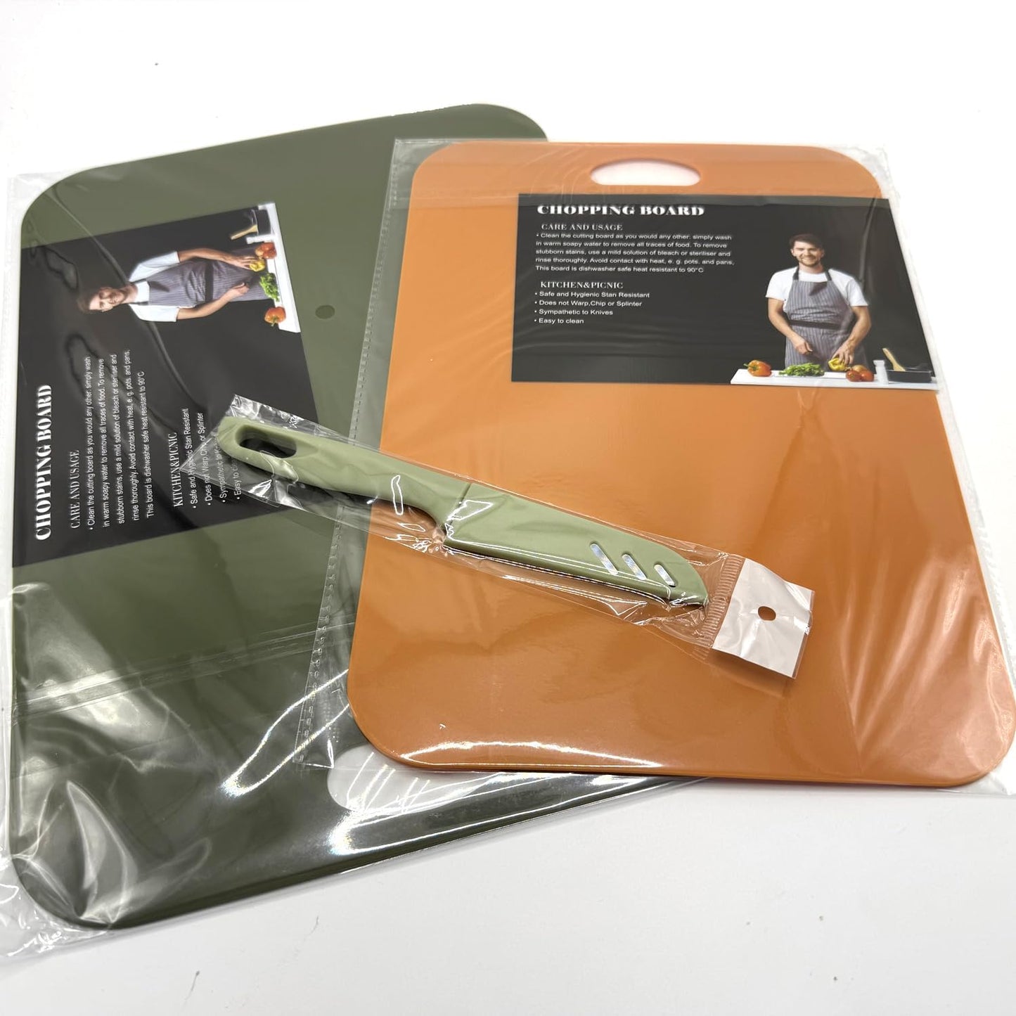 Plastic Cutting Boards Set of 3 for kitchen,Flexible Cutting Mats for Cooking,Non-Slip Cutting Board for Fruit Meat and Vegatables, BPA-Free and Dishwasher Safe with knife (14 in Green/Orange)