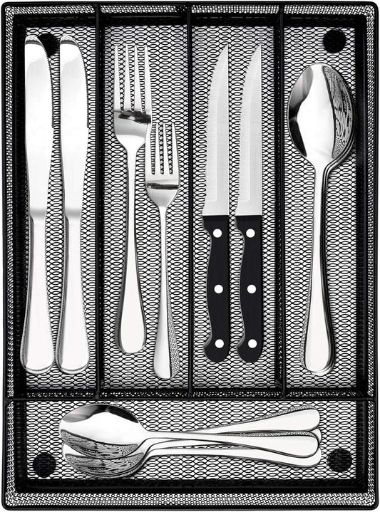 24-Piece Silverware Set with Steak Knives for 4, Plus Drawer Organizer, Stainless Steel Flatware Cutlery Set, Modern Eating Utensils Tableware Include Forks Sppons Knives, Dishwasher Safe