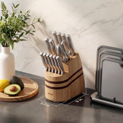 15 Piece Knife Set with Block for Kitchen, Knife Block Set, Brown