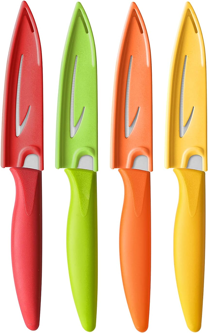 Paring knife, 4PCS Paring knives (4 Knives and 4 Knife cover), 4 Inch Peeling Fruit and Vegetable Knife, Ultra Sharp Kitchen Knives, German Steel, PP Plastic Handle