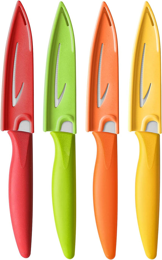 Paring knife, 4PCS Paring knives (4 Knives and 4 Knife cover), 4 Inch Peeling Fruit and Vegetable Knife, Ultra Sharp Kitchen Knives, German Steel, PP Plastic Handle