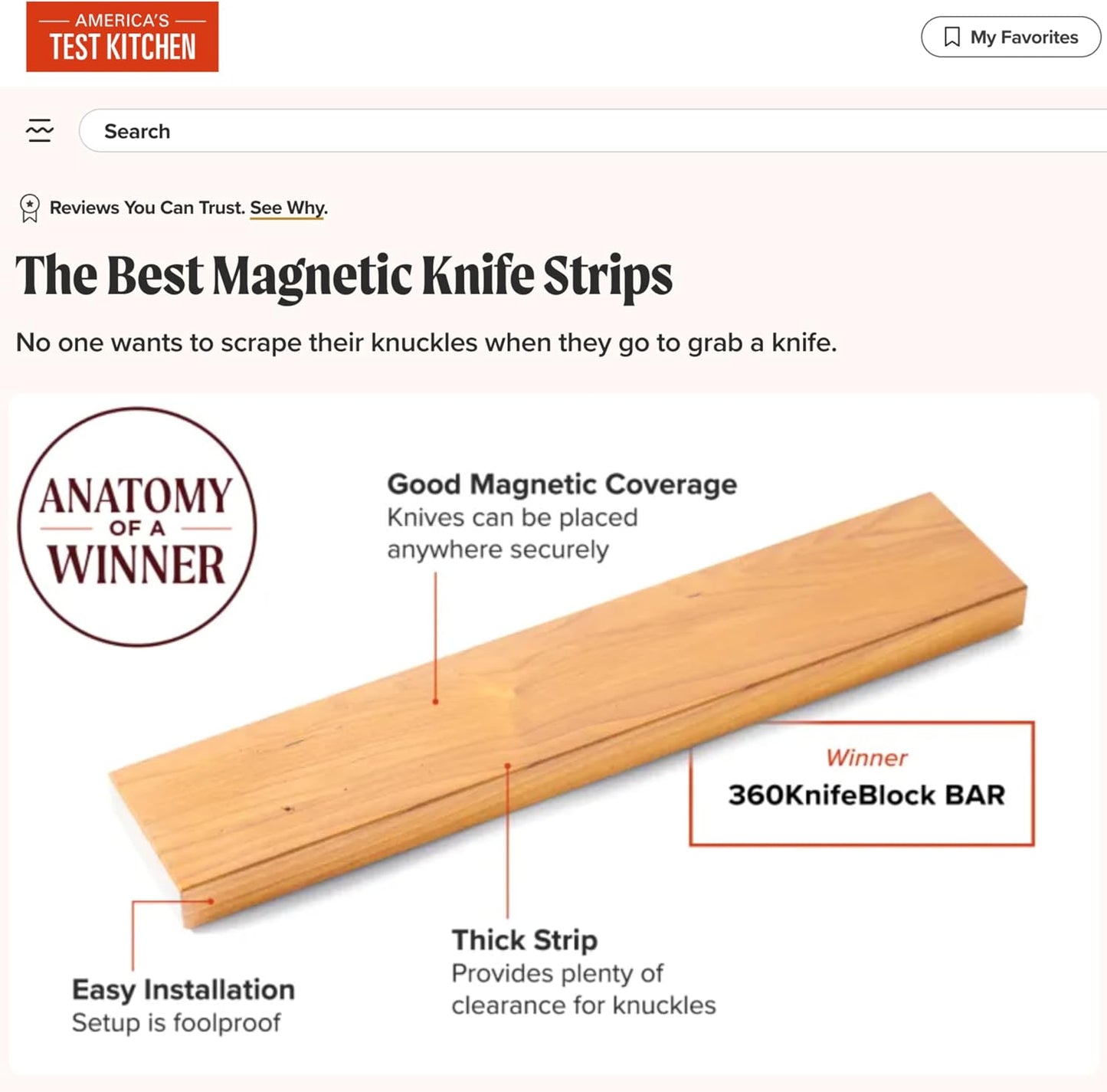 360KnifeBlock magnetic knife BAR - Guitar Wood - 2 Rows of Magnets, 'magic floating backer' w/level system, 2"screws - handmade in Washington (Guitar wood, 18" wide)