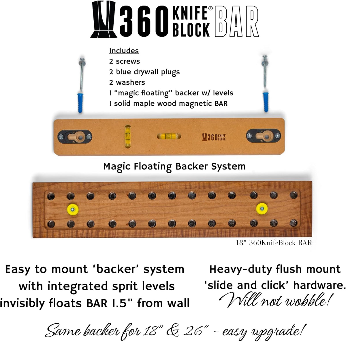 360KnifeBlock magnetic knife BAR - Guitar Wood - 2 Rows of Magnets, 'magic floating backer' w/level system, 2"screws - handmade in Washington (Guitar wood, 18" wide)