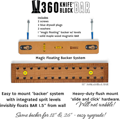 360KnifeBlock magnetic knife BAR - Guitar Wood - 2 Rows of Magnets, 'magic floating backer' w/level system, 2"screws - handmade in Washington (Guitar wood, 18" wide)