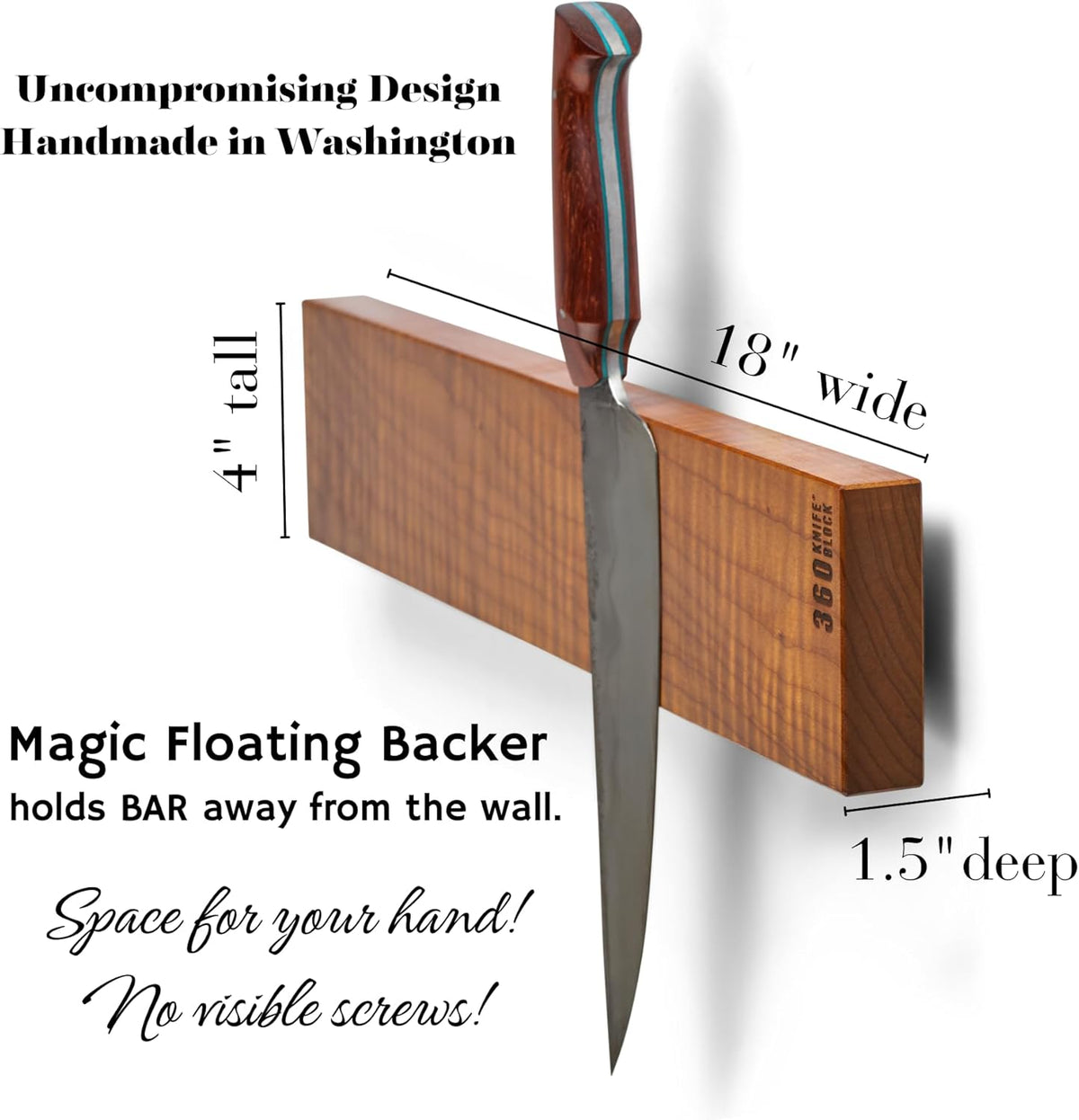 360KnifeBlock magnetic knife BAR - Guitar Wood - 2 Rows of Magnets, 'magic floating backer' w/level system, 2"screws - handmade in Washington (Guitar wood, 18" wide)