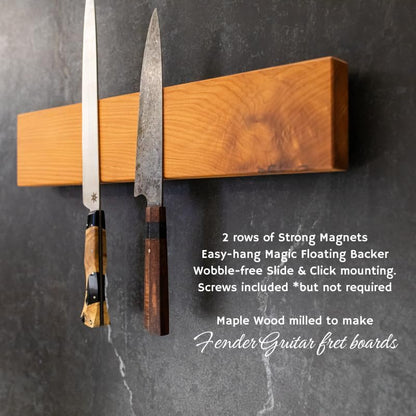 360KnifeBlock magnetic knife BAR - Guitar Wood - 2 Rows of Magnets, 'magic floating backer' w/level system, 2"screws - handmade in Washington (Guitar wood, 18" wide)