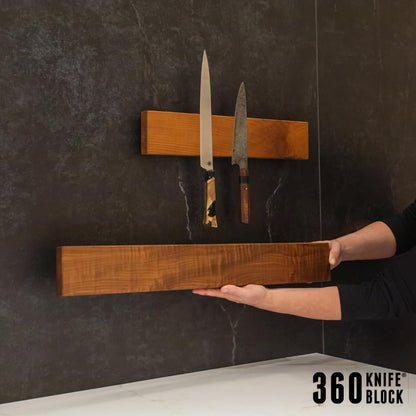 360KnifeBlock magnetic knife BAR - Guitar Wood - 2 Rows of Magnets, 'magic floating backer' w/level system, 2"screws - handmade in Washington (Guitar wood, 18" wide)