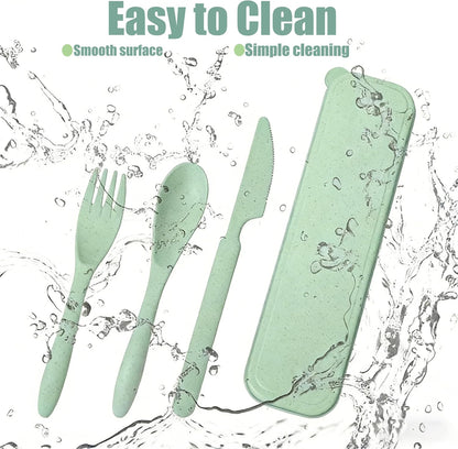2-Pack Wheat Straw Travel Utensil Set, Reusable Fork Spoon Knife with Case, BPA-Free Portable Cutlery for Camping, Picnic & Office(Beige Green)