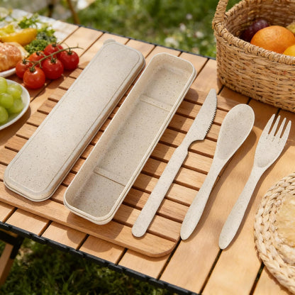 2-Pack Wheat Straw Travel Utensil Set, Reusable Fork Spoon Knife with Case, BPA-Free Portable Cutlery for Camping, Picnic & Office(Beige Green)
