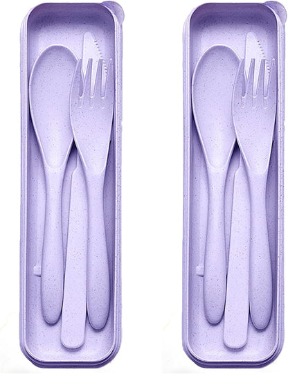 2-Pack Wheat Straw Travel Utensil Set, Reusable Fork Spoon Knife with Case, BPA-Free Portable Cutlery for Camping, Picnic & Office(Beige Green)