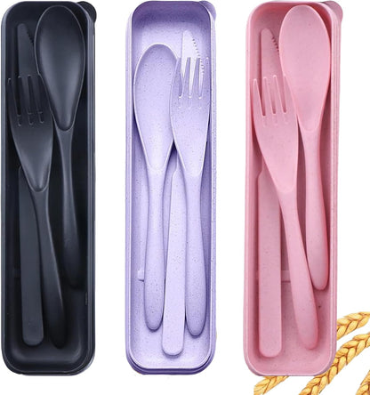 2-Pack Wheat Straw Travel Utensil Set, Reusable Fork Spoon Knife with Case, BPA-Free Portable Cutlery for Camping, Picnic & Office(Beige Green)