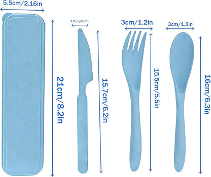 2-Pack Wheat Straw Travel Utensil Set, Reusable Fork Spoon Knife with Case, BPA-Free Portable Cutlery for Camping, Picnic & Office(Beige Green)