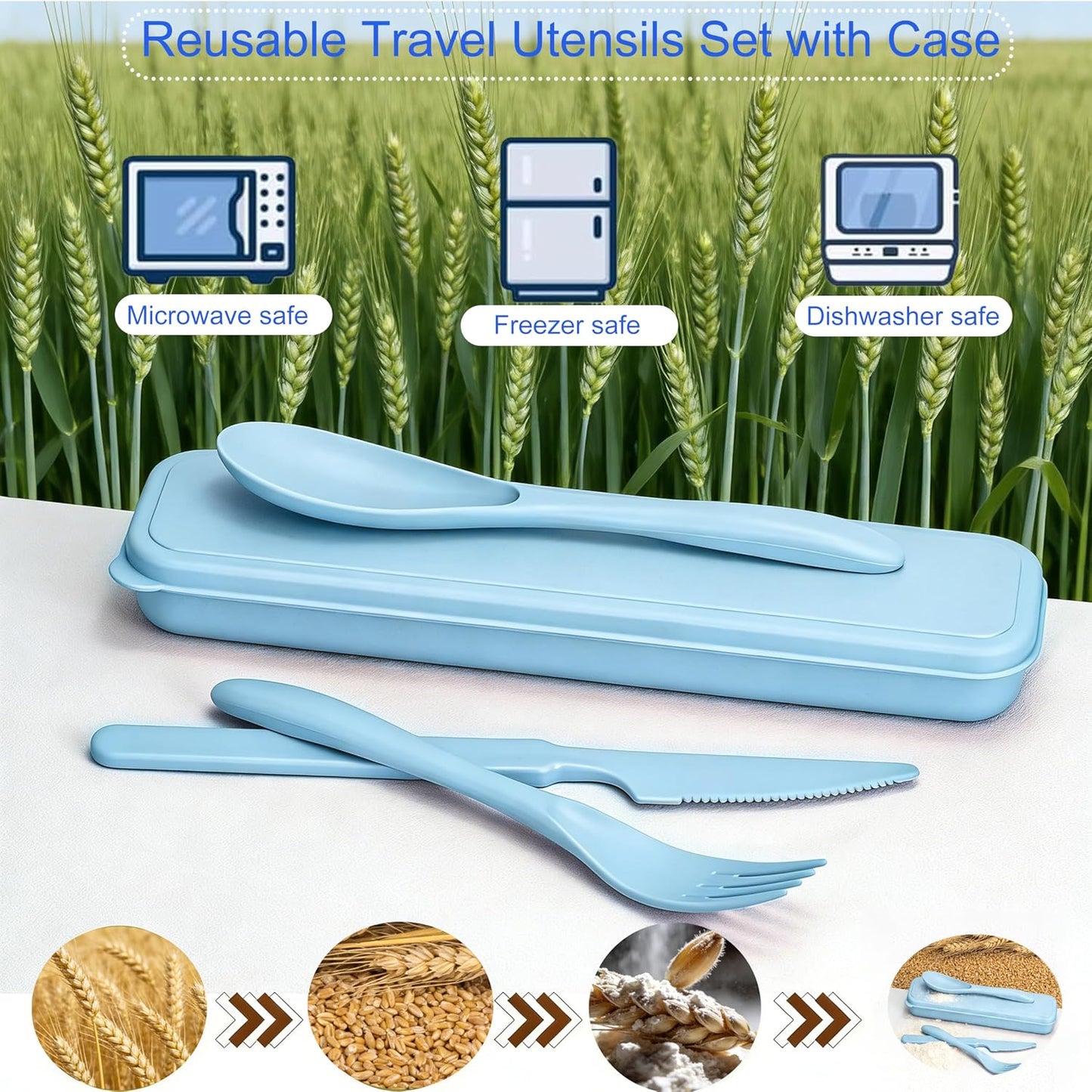 2-Pack Wheat Straw Travel Utensil Set, Reusable Fork Spoon Knife with Case, BPA-Free Portable Cutlery for Camping, Picnic & Office(Beige Green)