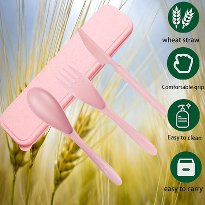 2-Pack Wheat Straw Travel Utensil Set, Reusable Fork Spoon Knife with Case, BPA-Free Portable Cutlery for Camping, Picnic & Office(Beige Green)
