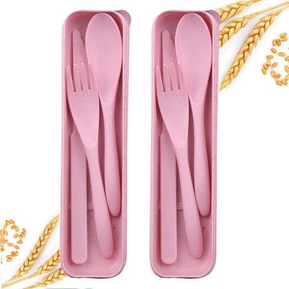 2-Pack Wheat Straw Travel Utensil Set, Reusable Fork Spoon Knife with Case, BPA-Free Portable Cutlery for Camping, Picnic & Office(Beige Green)