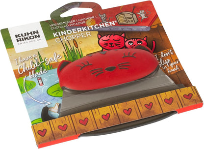 Kinderkitchen Kids Cutting Set, 2 Pieces, Green/Black/Red | Sheep Cutting Board & Cat Mezzaluna Knife With Blade Protector | Child-Friendly Cutting Tools for Real Cooking
